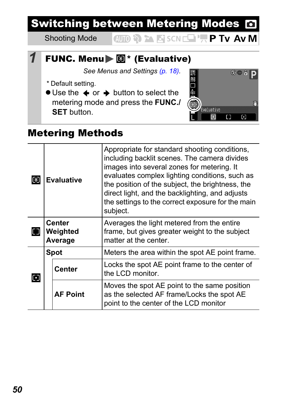 Switching between metering modes, P. 50), Mode | P. 50, Metering methods | Canon A710 IS User Manual | Page 52 / 138