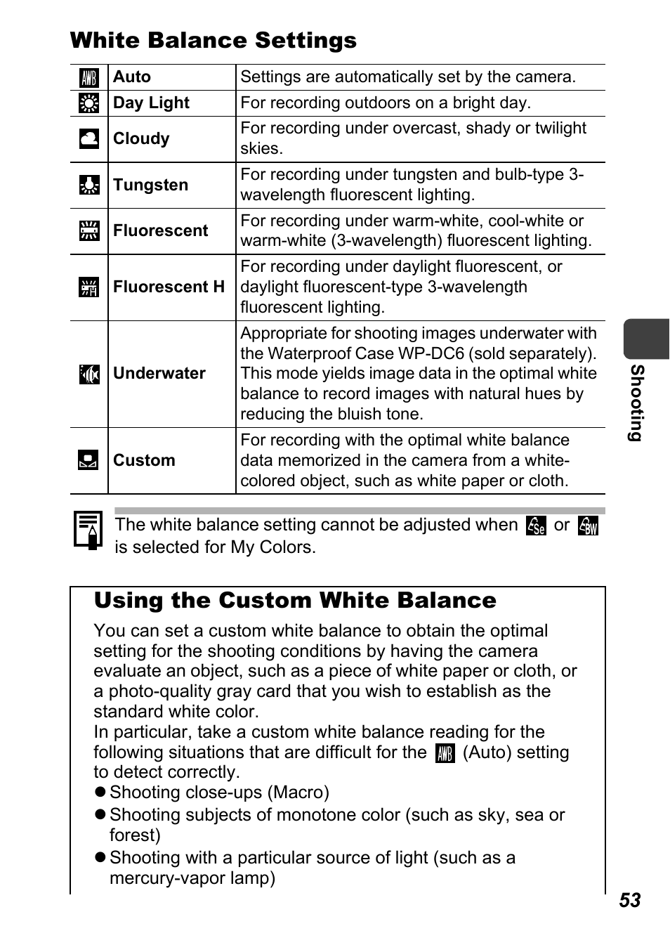Balance function, P. 53), White balance settings | Using the custom white balance | Canon A710 IS User Manual | Page 55 / 138