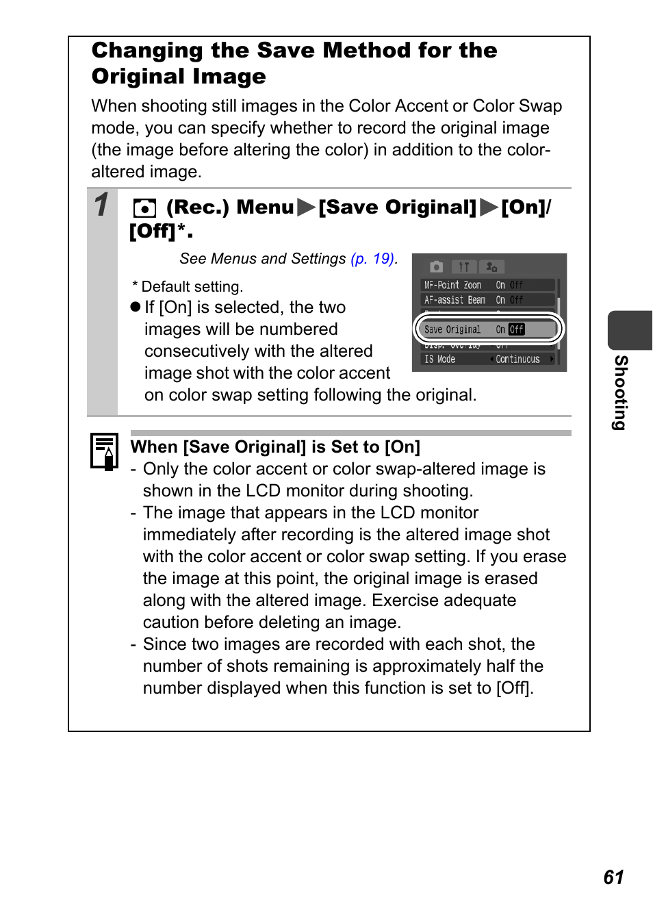 P. 61, Changing the save method for the original image | Canon A710 IS User Manual | Page 63 / 138
