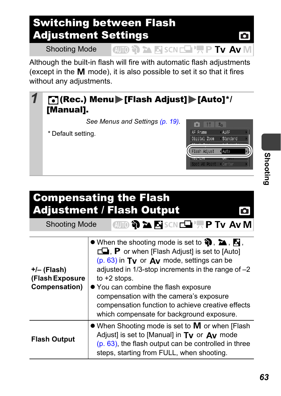 Switching between flash adjustment settings, Compensating the flash adjustment / flash output, P. 63) | P. 63 | Canon A710 IS User Manual | Page 65 / 138