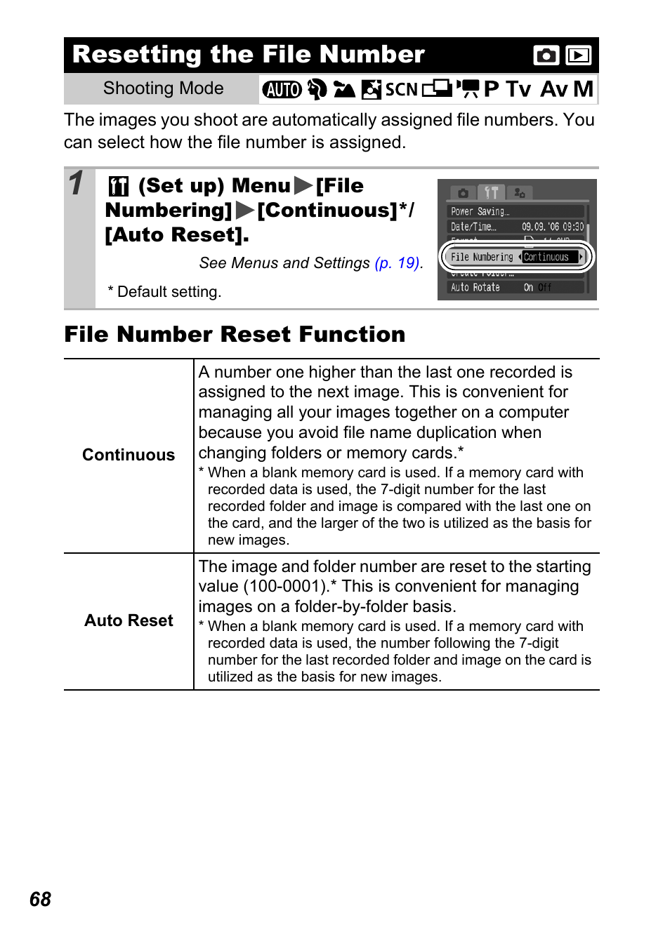 Resetting the file number, P. 68, File number reset function | Canon A710 IS User Manual | Page 70 / 138