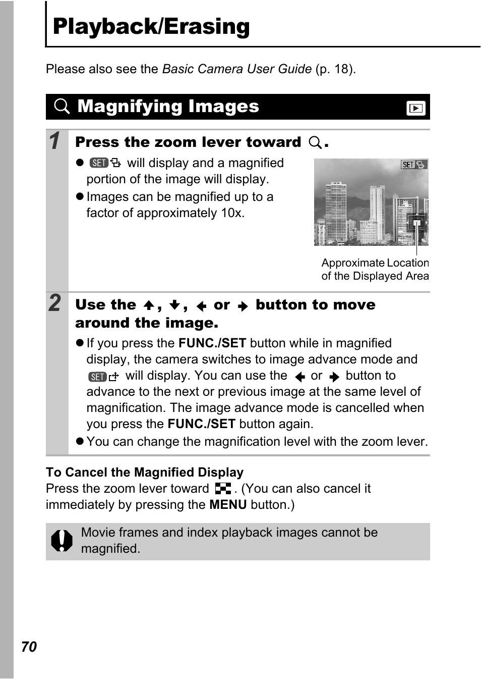 Playback/erasing, Magnifying images | Canon A710 IS User Manual | Page 72 / 138