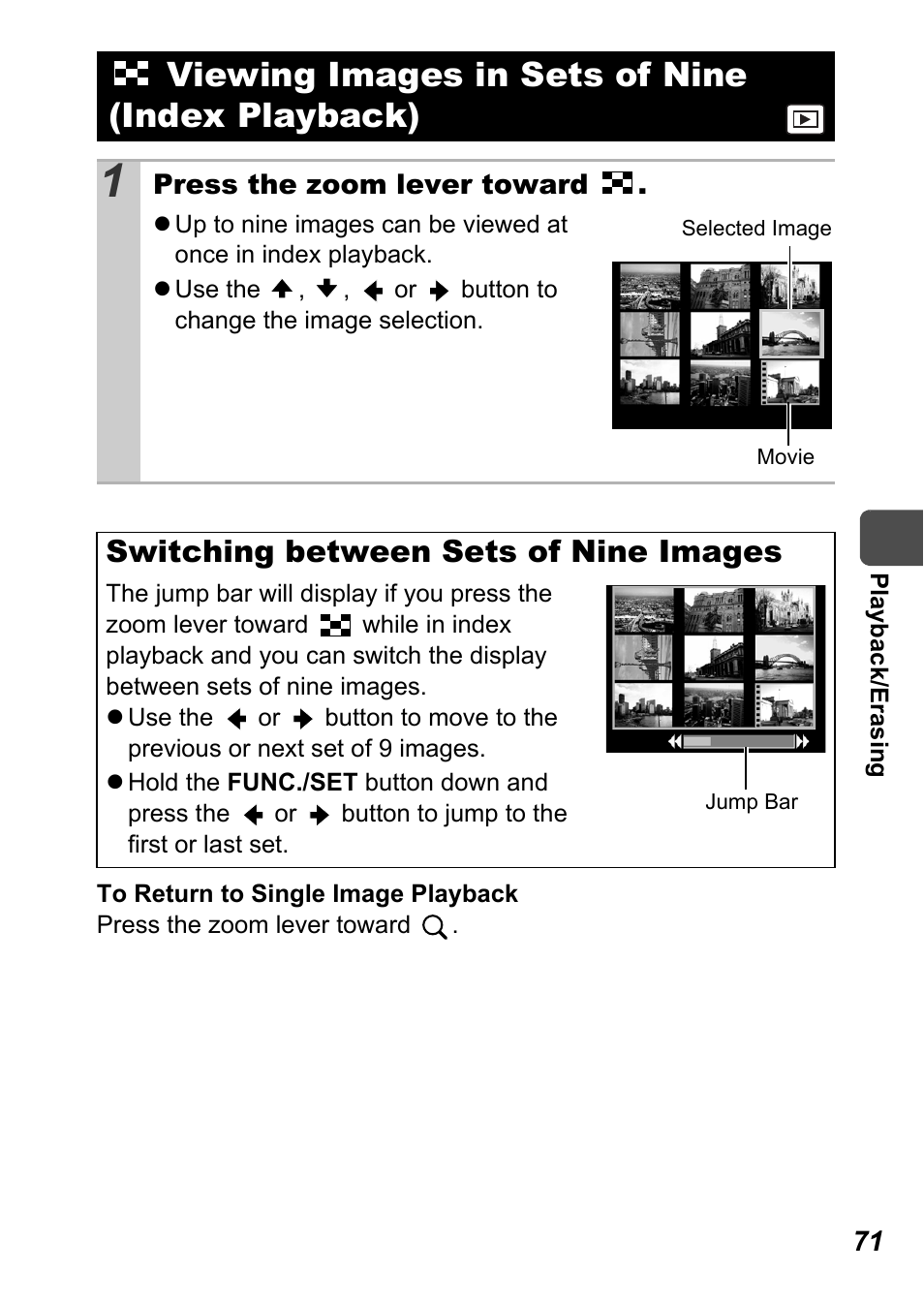 Viewing images in sets of nine (index playback), Switching between sets of nine images | Canon A710 IS User Manual | Page 73 / 138