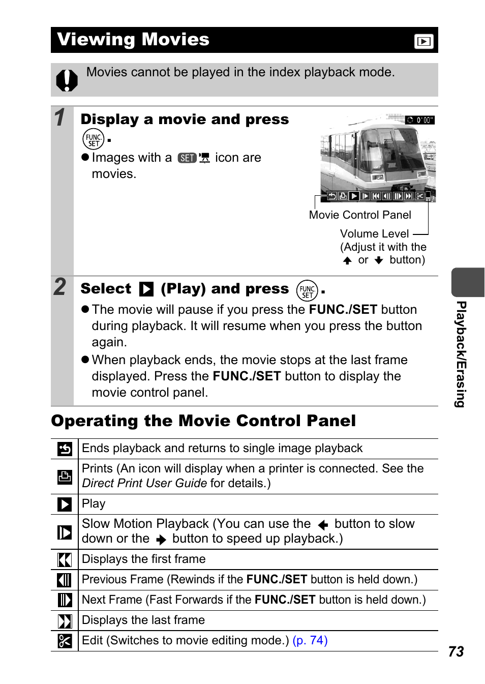 Viewing movies, Operating the movie control panel | Canon A710 IS User Manual | Page 75 / 138