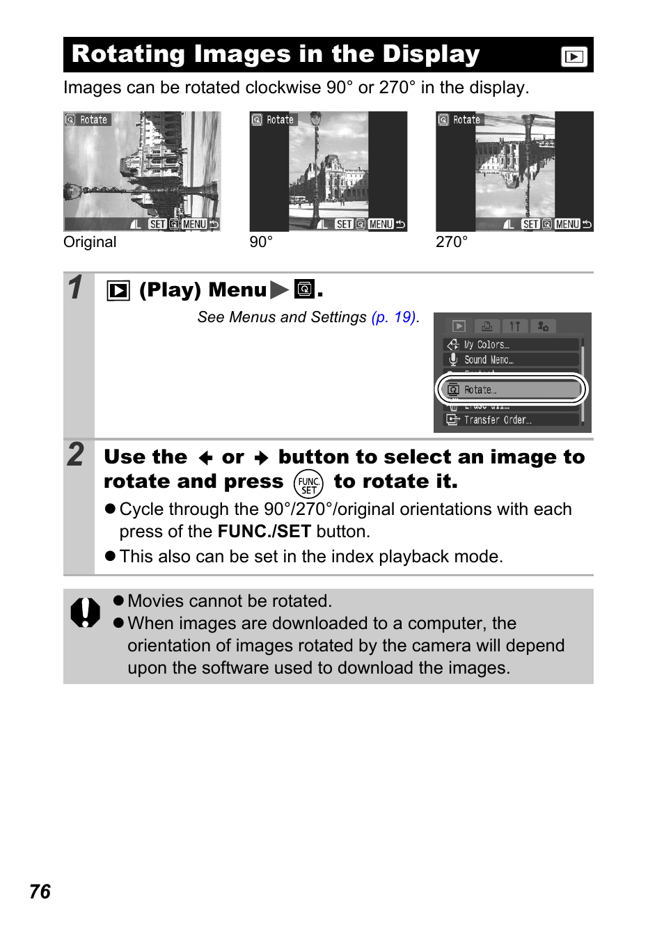 Rotating images in the display, P. 76 | Canon A710 IS User Manual | Page 78 / 138