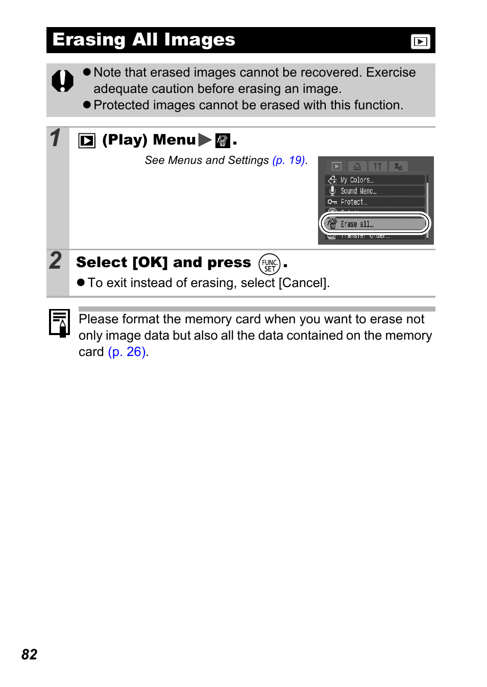 Erasing all images, P. 82 | Canon A710 IS User Manual | Page 84 / 138