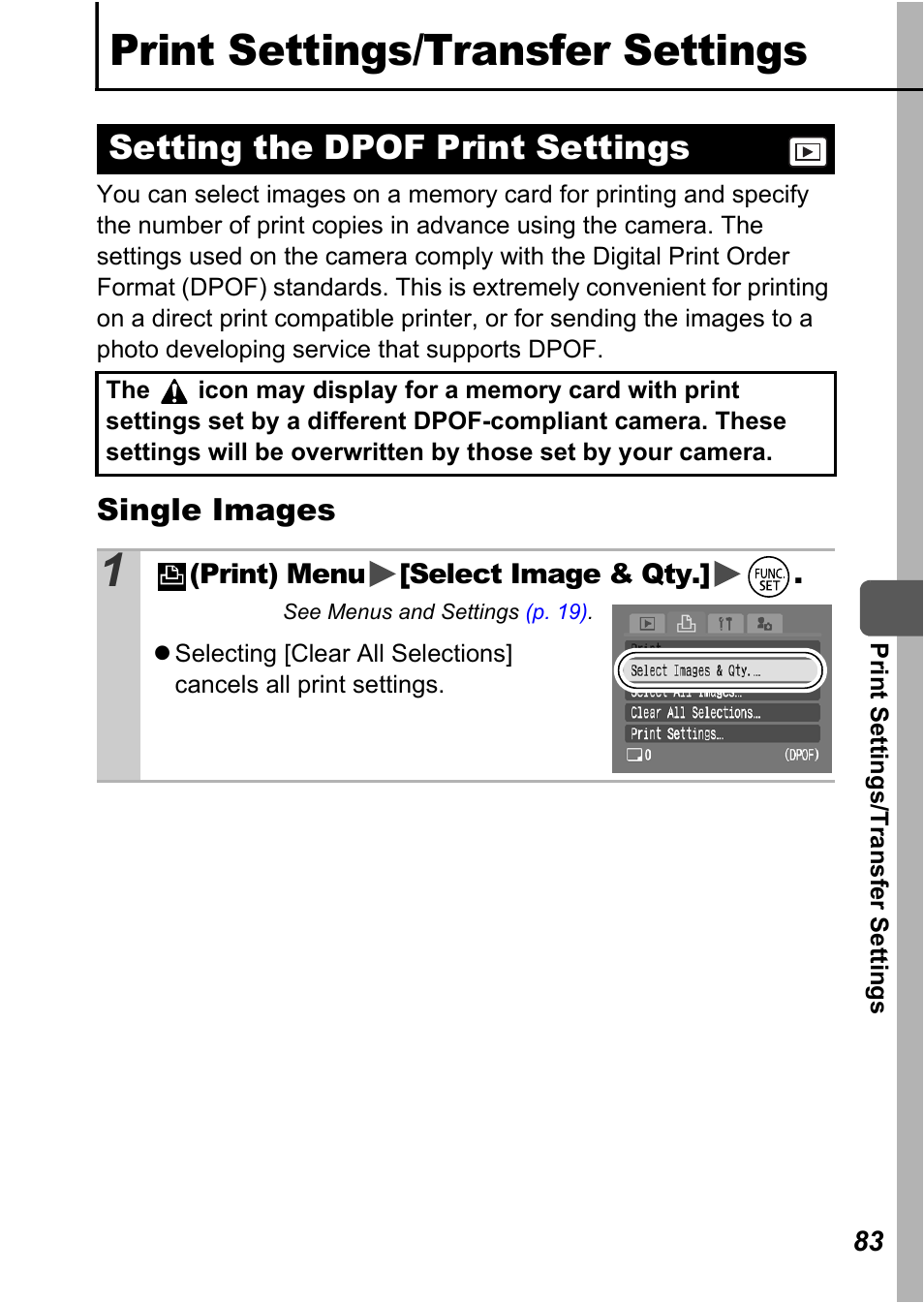Print settings/transfer settings, Setting the dpof print settings, P. 83 | Canon A710 IS User Manual | Page 85 / 138