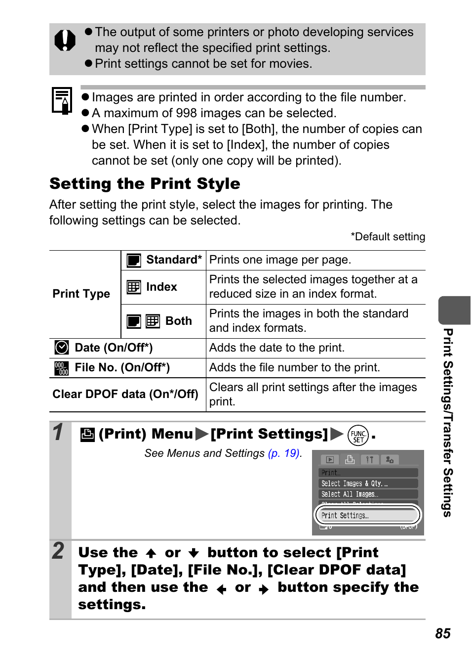 Pe settings, P. 85), Setting the print style | Canon A710 IS User Manual | Page 87 / 138