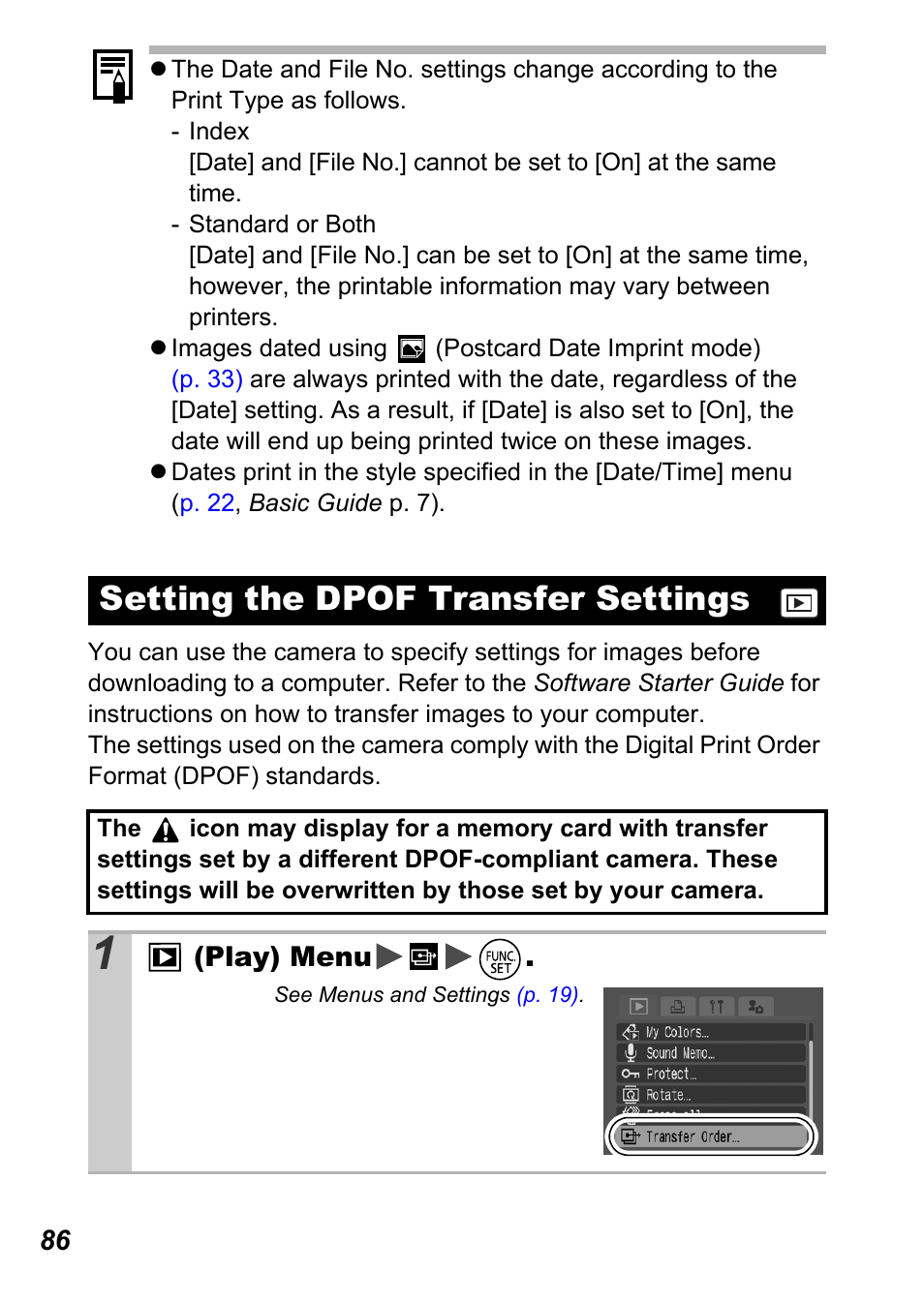 Setting the dpof transfer settings, P. 86 | Canon A710 IS User Manual | Page 88 / 138