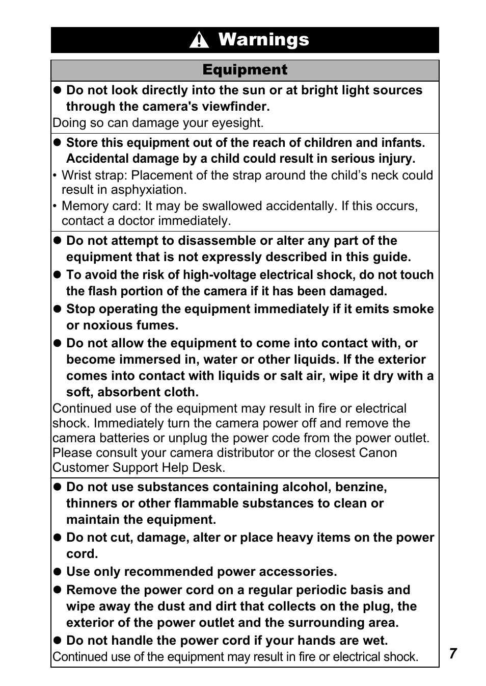 Warnings | Canon A710 IS User Manual | Page 9 / 138