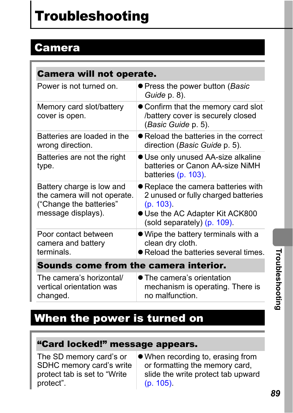 Troubleshooting, Camera, When the power is turned on | Camera when the power is turned on | Canon A710 IS User Manual | Page 91 / 138