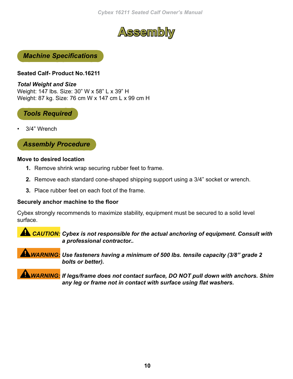 Assembly, Machine specifications, Tools required | Assembly procedure | Cybex 16211 Plate Loaded Seated Calf User Manual | Page 10 / 20