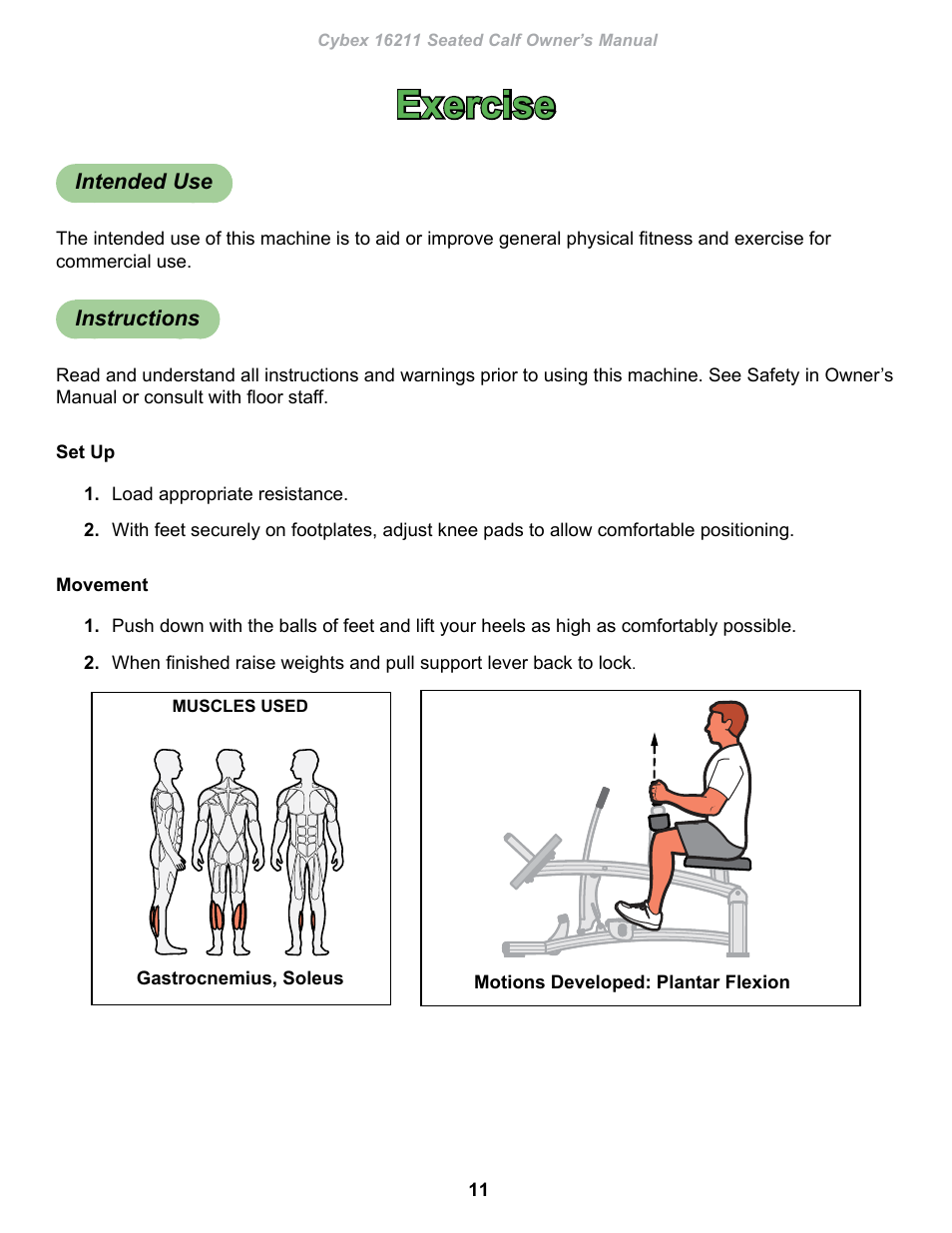 Exercise, Intended use, Instructions | Cybex 16211 Plate Loaded Seated Calf User Manual | Page 11 / 20