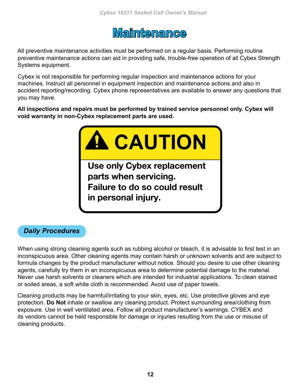 Maintenance, Daily procedures, Caution | Cybex 16211 Plate Loaded Seated Calf User Manual | Page 12 / 20