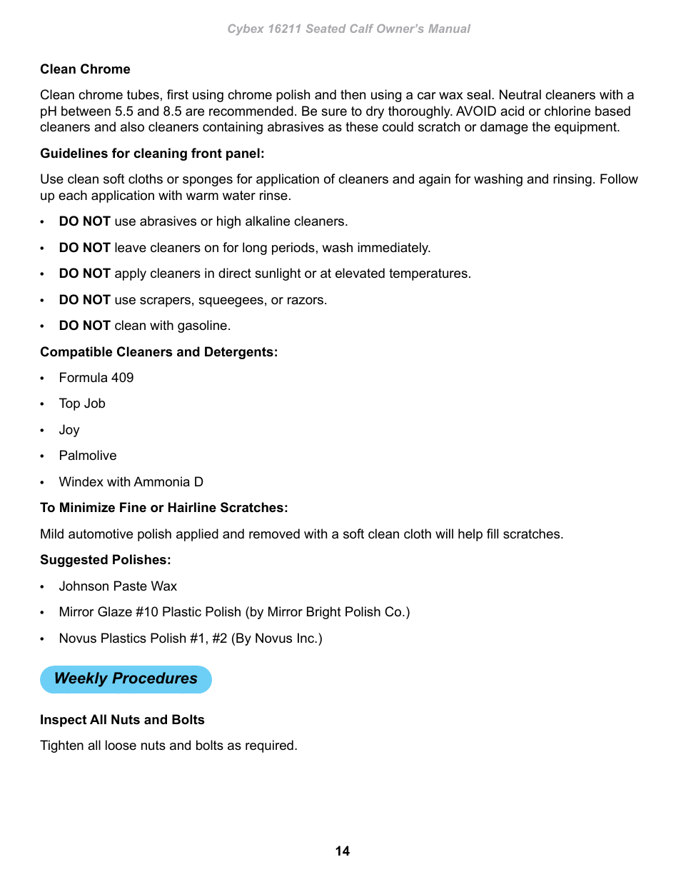 Weekly procedures | Cybex 16211 Plate Loaded Seated Calf User Manual | Page 14 / 20