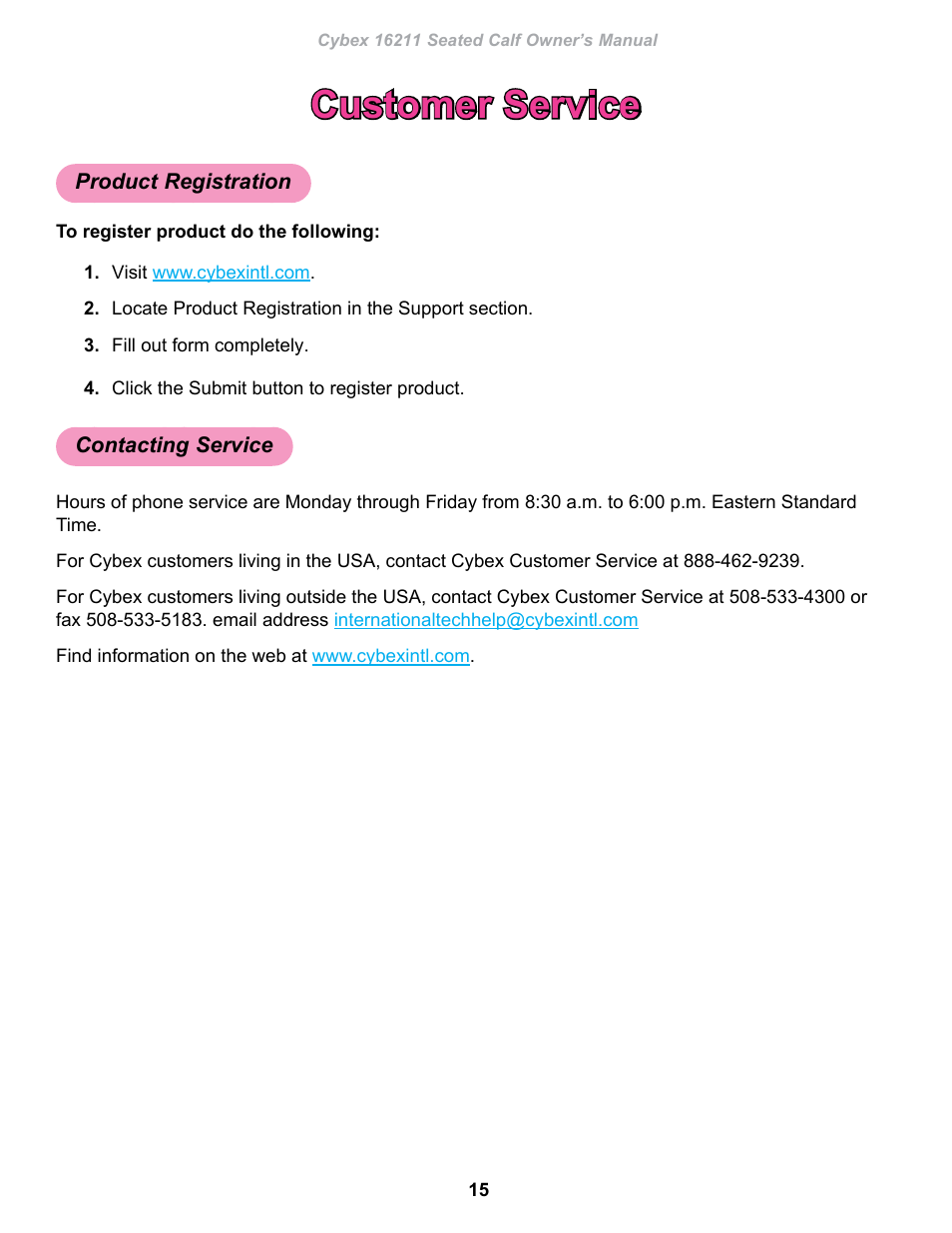 Customer service, Product registration, Contacting service | Cybex 16211 Plate Loaded Seated Calf User Manual | Page 15 / 20