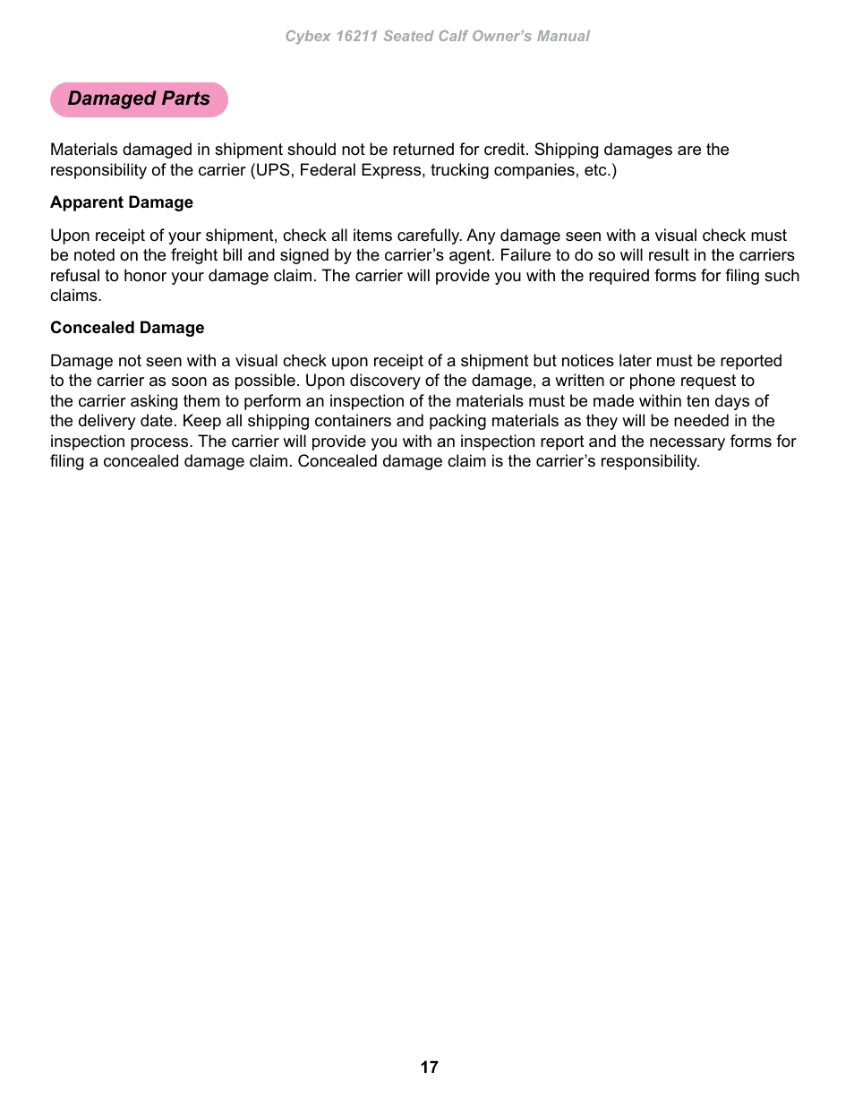 Damaged parts | Cybex 16211 Plate Loaded Seated Calf User Manual | Page 17 / 20