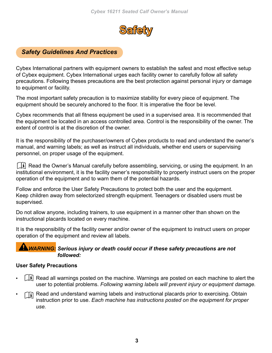 Safety, Safety guidelines and practices | Cybex 16211 Plate Loaded Seated Calf User Manual | Page 3 / 20