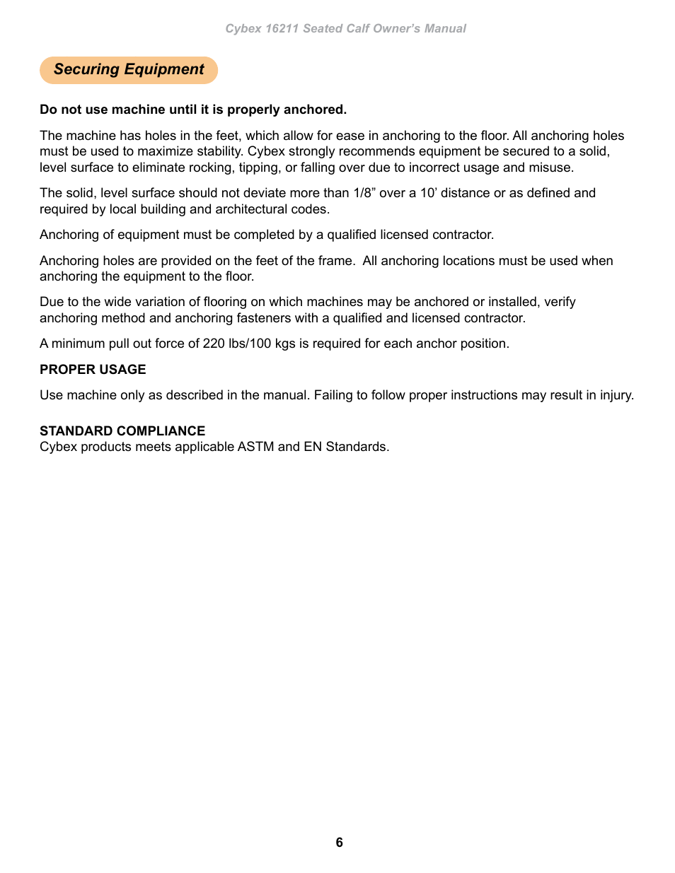 Securing equipment | Cybex 16211 Plate Loaded Seated Calf User Manual | Page 6 / 20