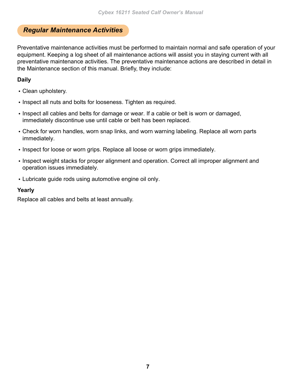 Regular maintenance activities | Cybex 16211 Plate Loaded Seated Calf User Manual | Page 7 / 20