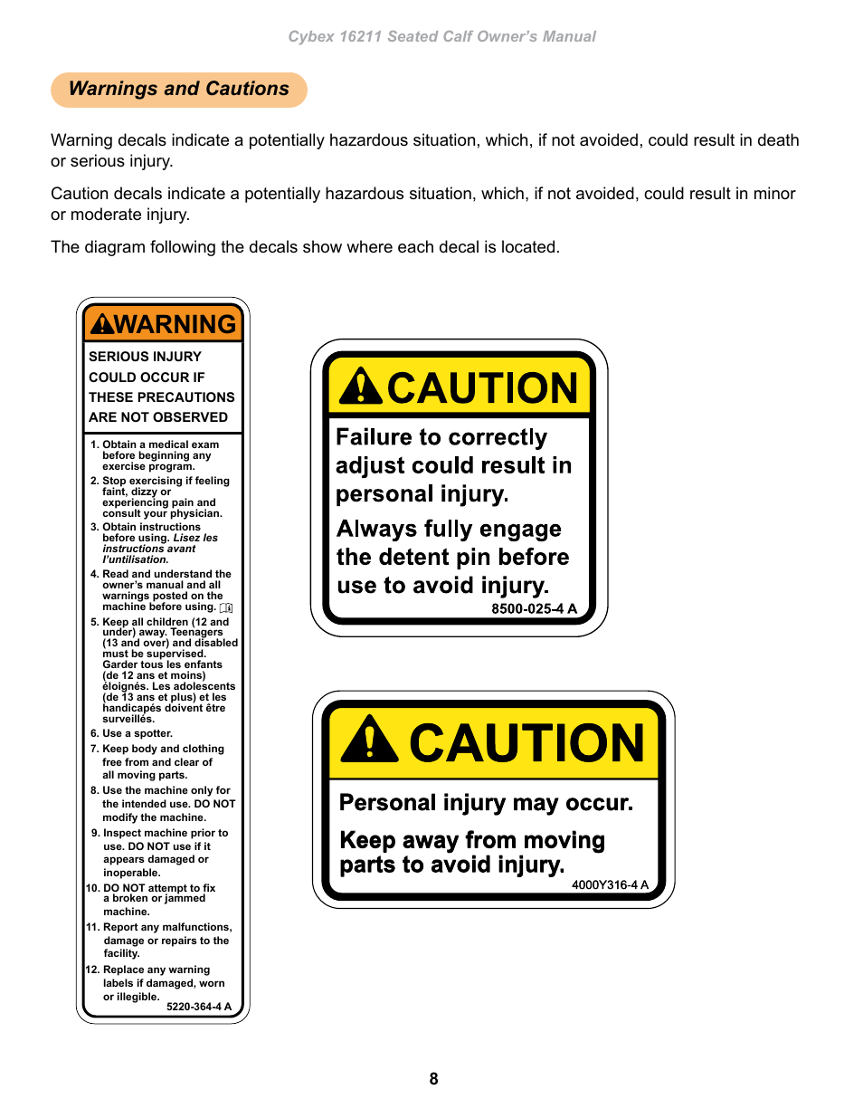 Warnings and cautions, Caution, Specs master artwork | Warning, Owatonna, Personal injury may occur, Keep away from moving parts to avoid injury | Cybex 16211 Plate Loaded Seated Calf User Manual | Page 8 / 20