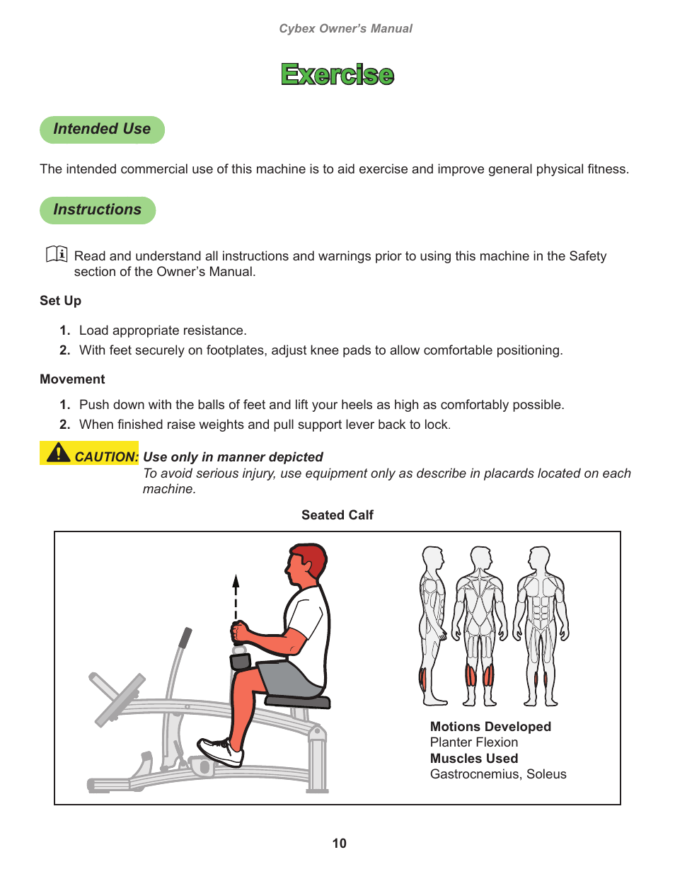 Exercise, Intended use, Instructions | Cybex 16212 Plate Loaded Seated Calf User Manual | Page 10 / 18