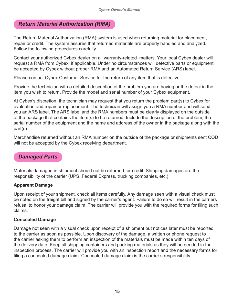 Return material authorization (rma), Damaged parts | Cybex 16212 Plate Loaded Seated Calf User Manual | Page 15 / 18