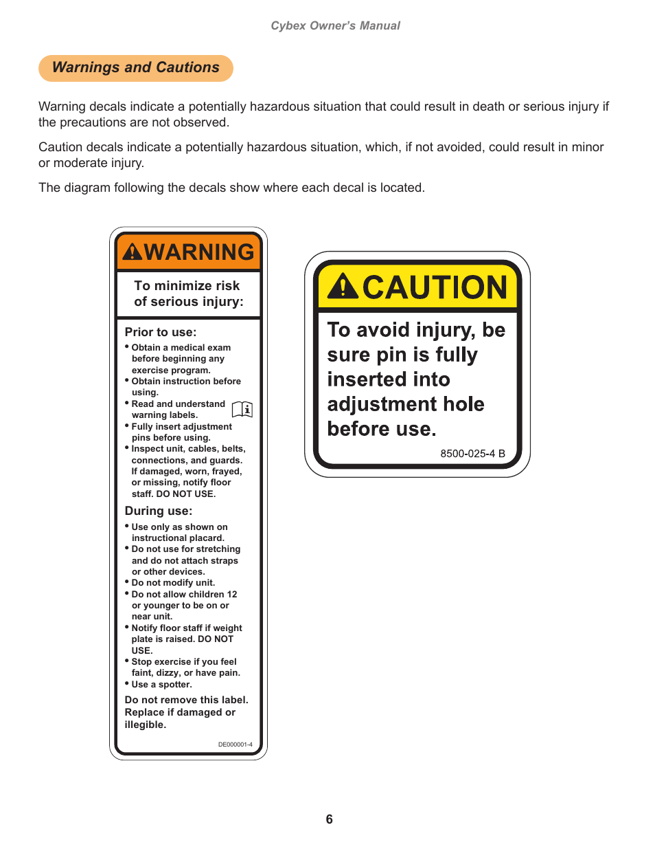 Warnings and cautions, Warning, Owatonna | Cybex 16212 Plate Loaded Seated Calf User Manual | Page 6 / 18