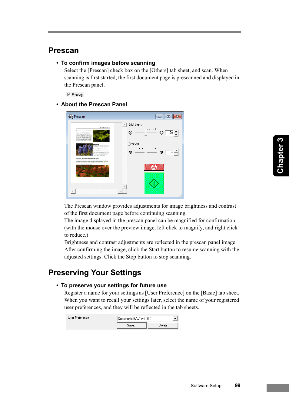 Prescan preserving your settings, Prescan,” on p. 99.), Chapter 3 prescan | Preserving your settings | Canon DR-6030C User Manual | Page 105 / 145