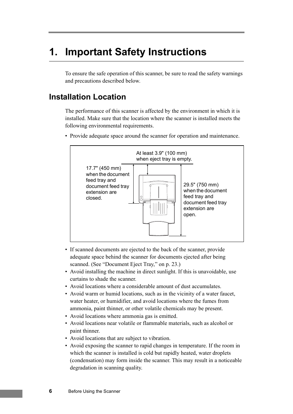 Important safety instructions, Installation location | Canon DR-6030C User Manual | Page 12 / 145