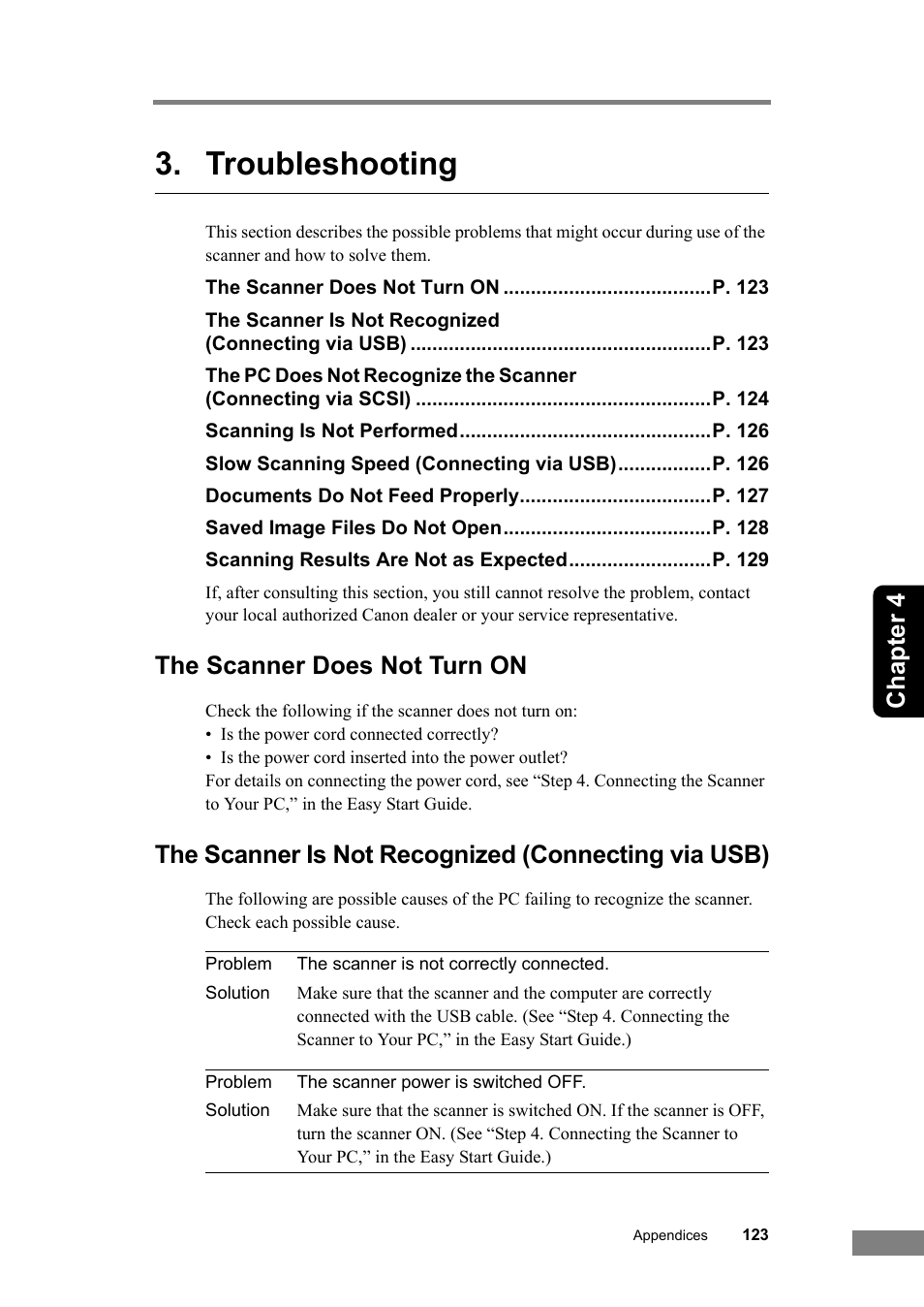 Troubleshooting, Chapter 4, The scanner does not turn on | The scanner is not recognized (connecting via usb) | Canon DR-6030C User Manual | Page 129 / 145