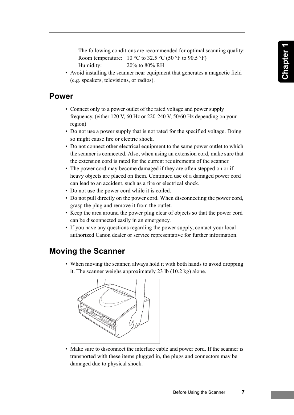 Power moving the scanner, Chapter 1, Power | Moving the scanner | Canon DR-6030C User Manual | Page 13 / 145