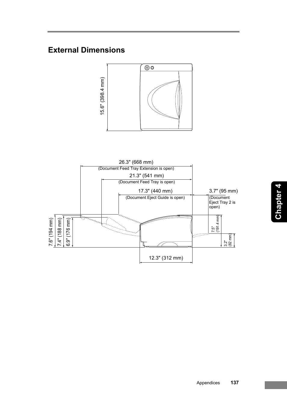 External dimensions, Chapter 4 external dimensions | Canon DR-6030C User Manual | Page 143 / 145