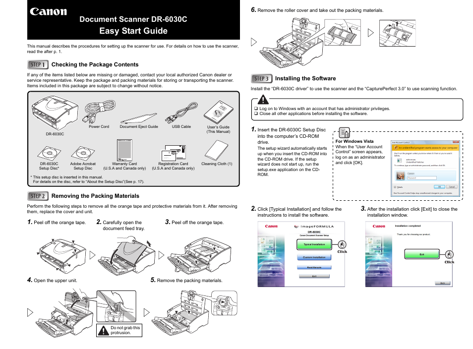 Easy start guide, Document scanner dr-6030c, Checking the package contents | Removing the packing materials, Installing the software | Canon DR-6030C User Manual | Page 2 / 145