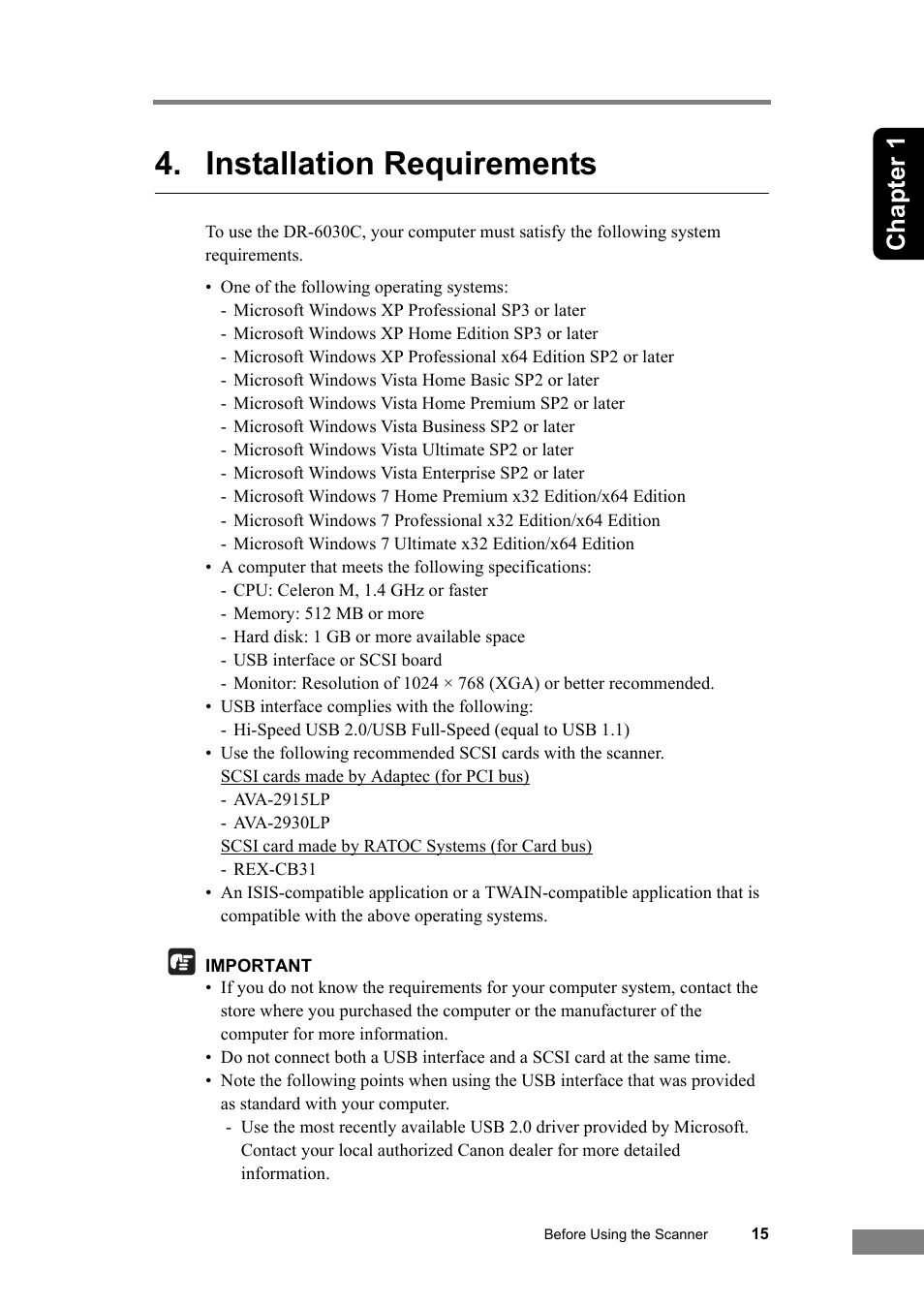 Installation requirements, See “installation requirements,” on p. 15.), Chapter 1 | Canon DR-6030C User Manual | Page 21 / 145