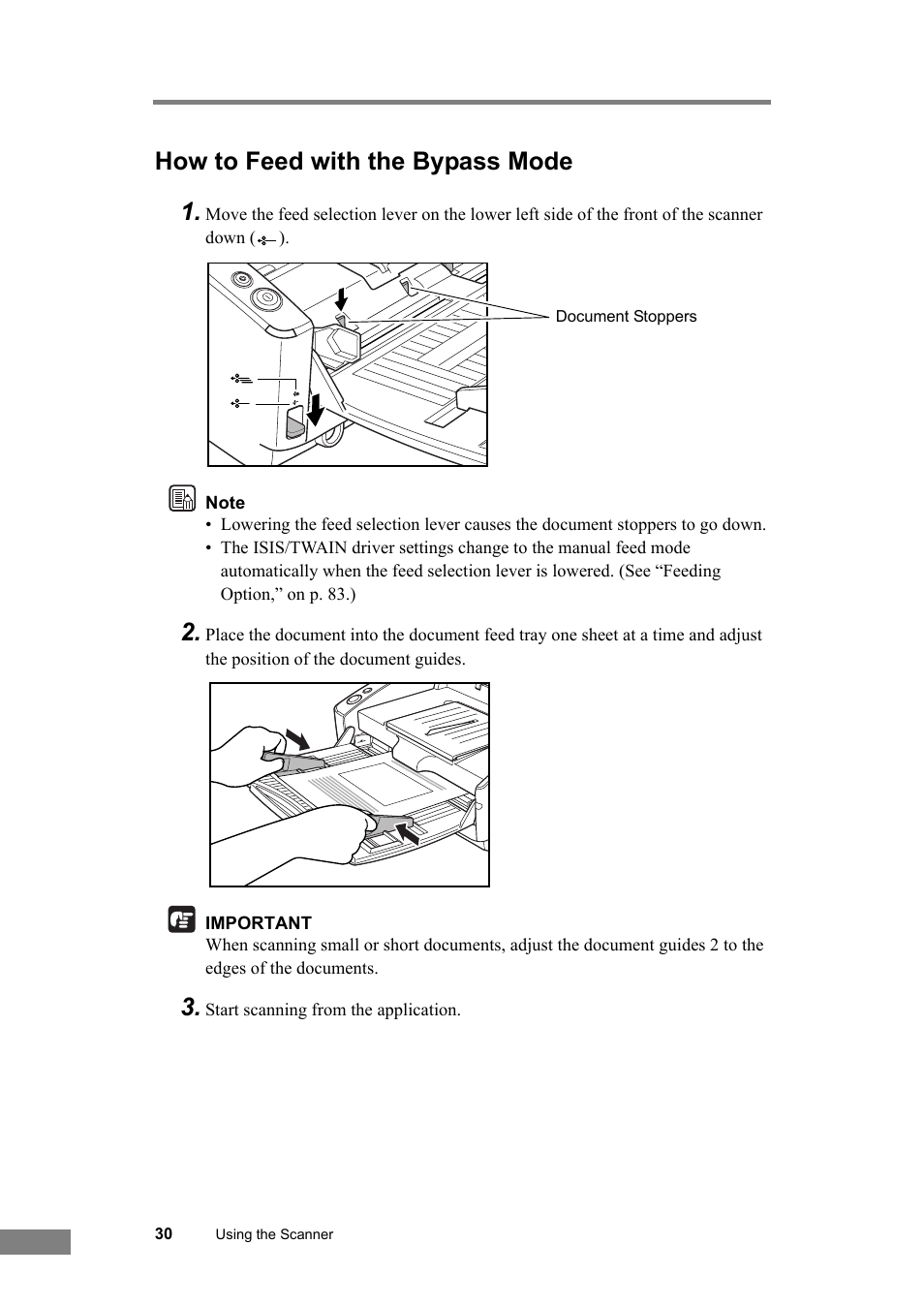 How to feed with the bypass mode, P. 30.), See p. 30.) | How to feed with the bypass mode 1 | Canon DR-6030C User Manual | Page 36 / 145