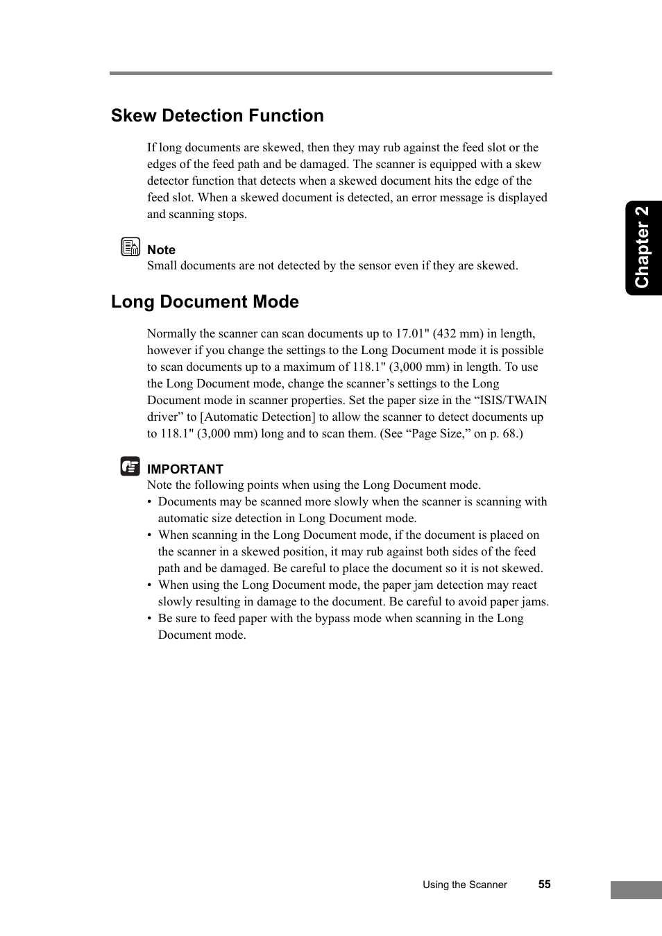 Skew detection function long document mode, Ode. (see “long document mode,” on p. 55.), Chapter 2 skew detection function | Long document mode | Canon DR-6030C User Manual | Page 61 / 145