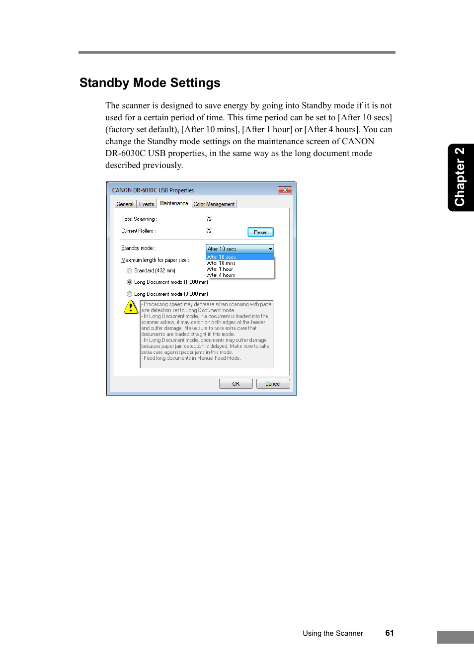 Standby mode settings, Chapter 2 standby mode settings | Canon DR-6030C User Manual | Page 67 / 145