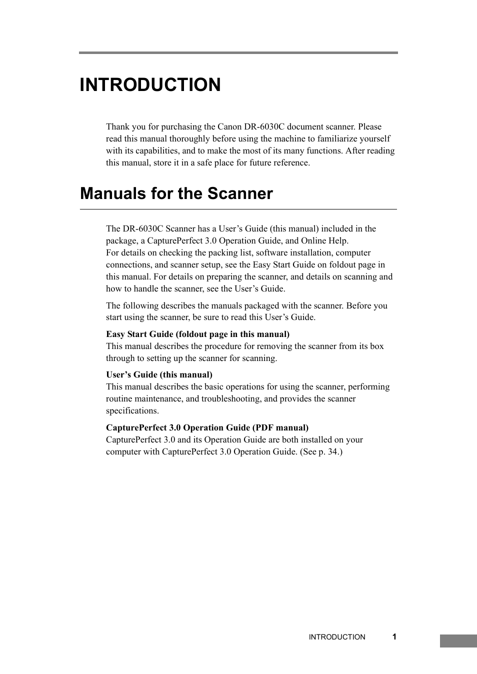 Introduction, Manuals for the scanner | Canon DR-6030C User Manual | Page 7 / 145