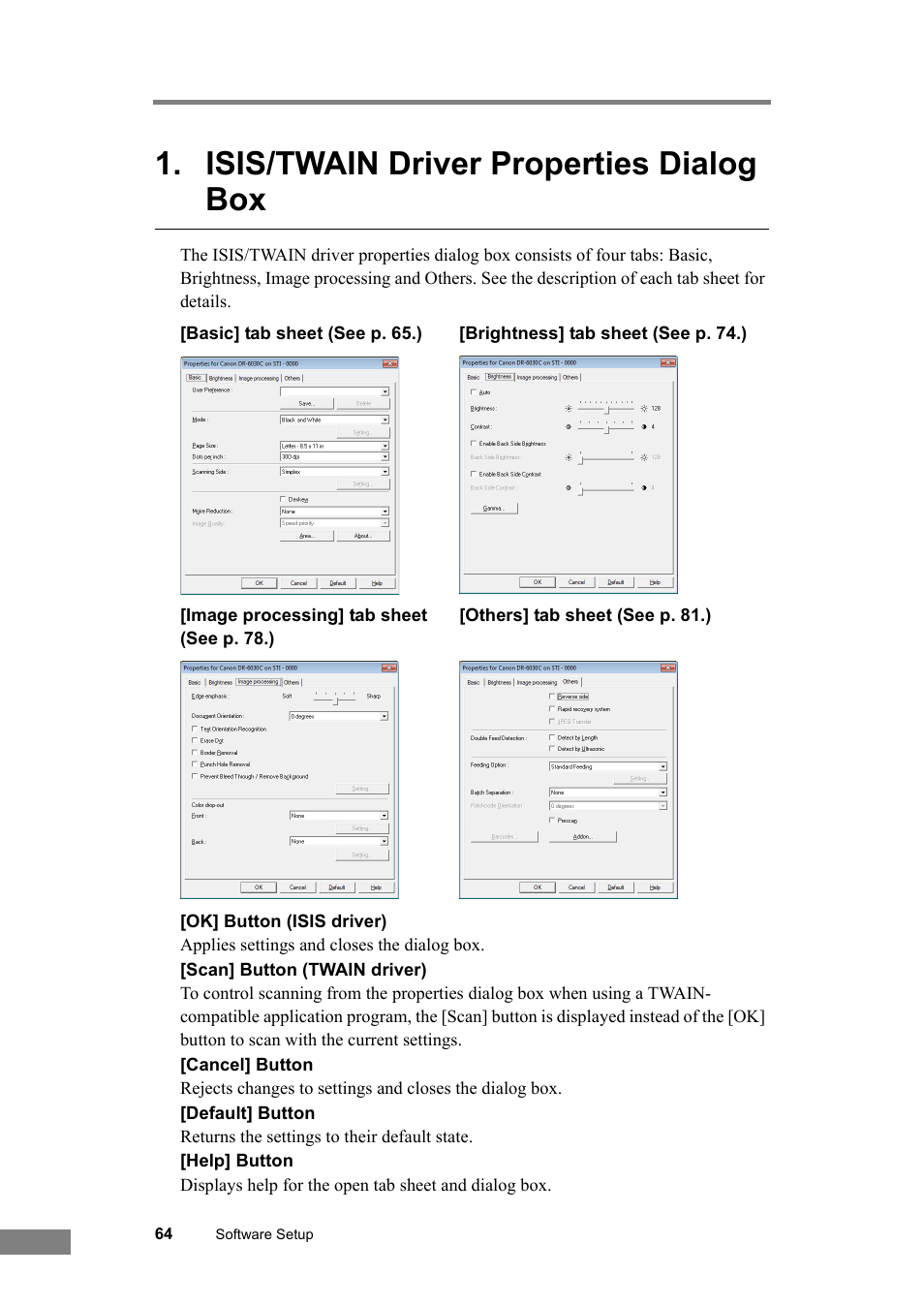 Isis/twain driver properties dialog box, Isis/twain driver properties dialog | Canon DR-6030C User Manual | Page 70 / 145