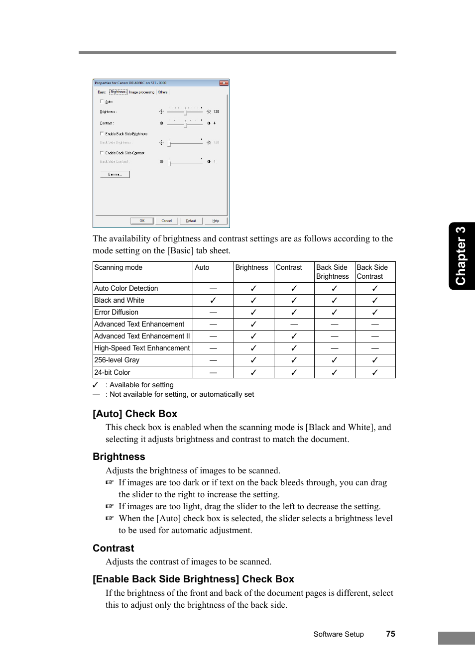 Chapter 3, Auto] check box, Brightness | Contrast, Enable back side brightness] check box | Canon DR-6030C User Manual | Page 81 / 145