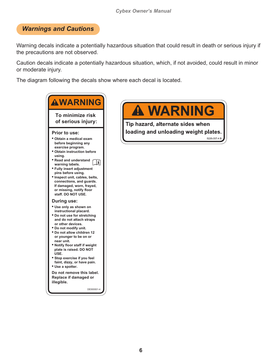 Warning, Warnings and cautions, Decal, warning english | Cybex owner’s manual, Owatonna, Prior to use, During use | Cybex 16280 Plate Loaded T-Bar Row User Manual | Page 6 / 18