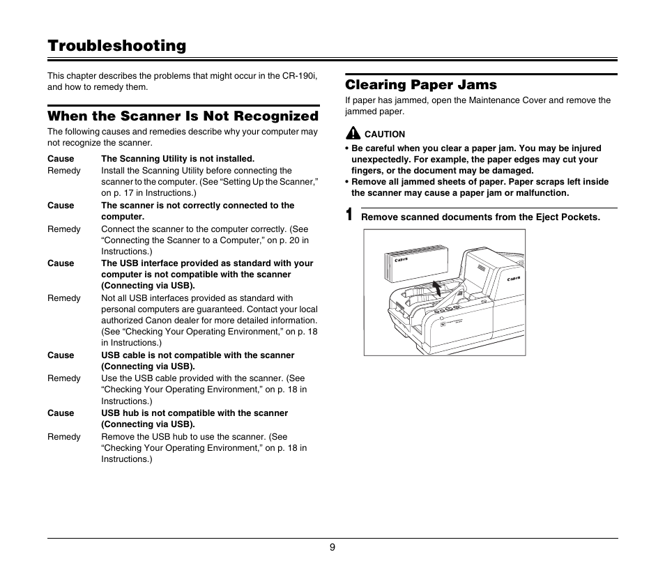 Troubleshooting, When the scanner is not recognized, Clearing paper jams | Canon IMAGEFORMULA CR-190I M111021 User Manual | Page 10 / 31