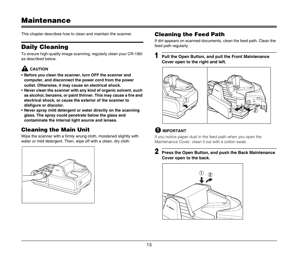 Maintenance, Daily cleaning, Cleaning the main unit | Cleaning the feed path, Cleaning the main unit cleaning the feed path, Nd “cleaning the feed path” on p. 13.) | Canon IMAGEFORMULA CR-190I M111021 User Manual | Page 14 / 31