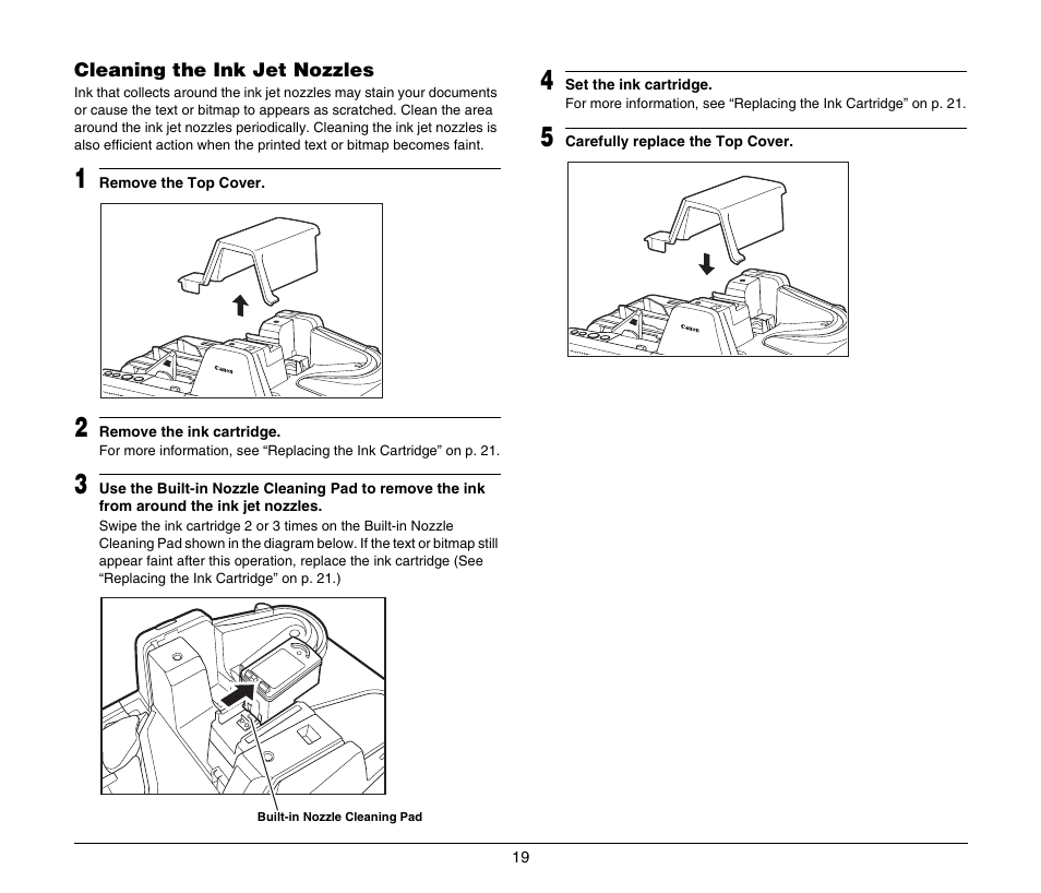 Cleaning the ink jet nozzles, 190i. (see “cleaning the ink jet nozzles” on p. 19, Th. (see “cleaning the ink jet nozzles” on p. 19 a | Canon IMAGEFORMULA CR-190I M111021 User Manual | Page 20 / 31