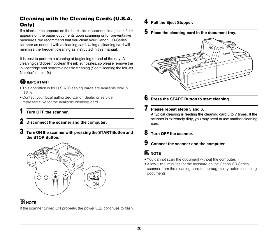 Cleaning with the cleaning cards (u.s.a. only) | Canon IMAGEFORMULA CR-190I M111021 User Manual | Page 21 / 31