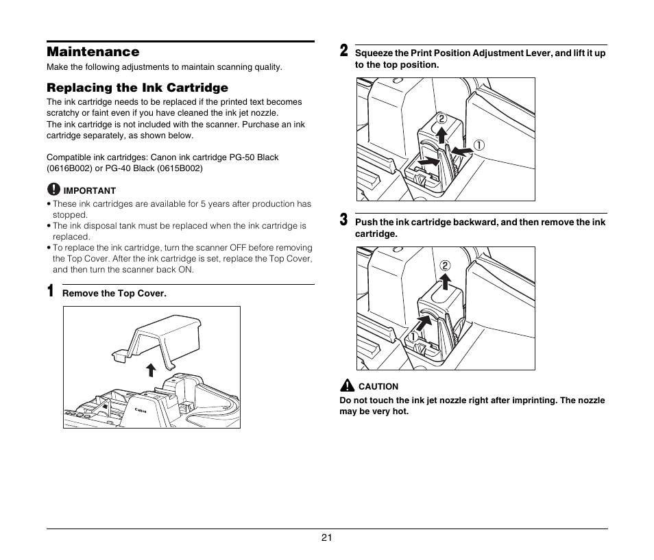 Maintenance, Replacing the ink cartridge | Canon IMAGEFORMULA CR-190I M111021 User Manual | Page 22 / 31