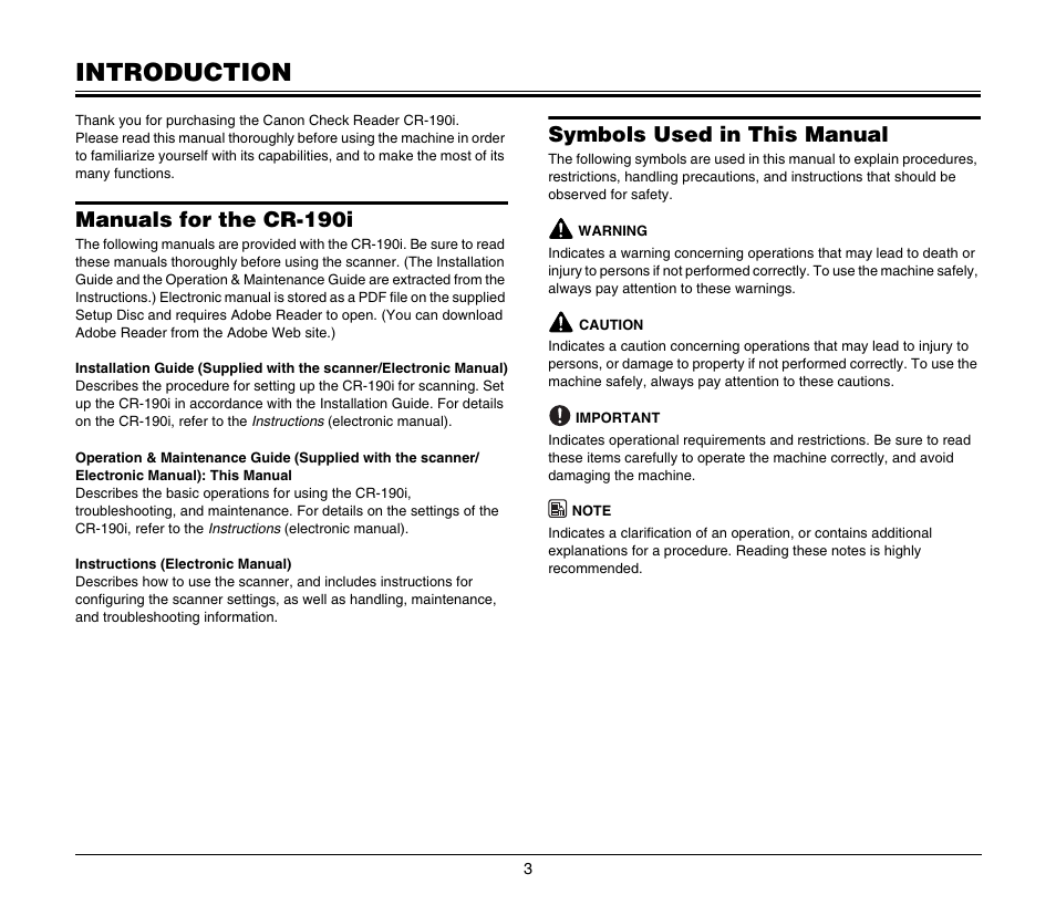 Introduction, Manuals for the cr-190i, Symbols used in this manual | Canon IMAGEFORMULA CR-190I M111021 User Manual | Page 4 / 31