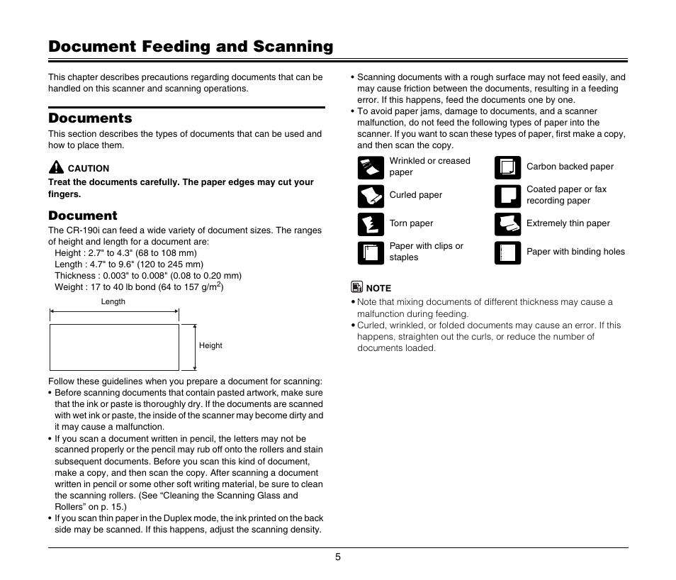 Document feeding and scanning, Documents, Document | Canon IMAGEFORMULA CR-190I M111021 User Manual | Page 6 / 31