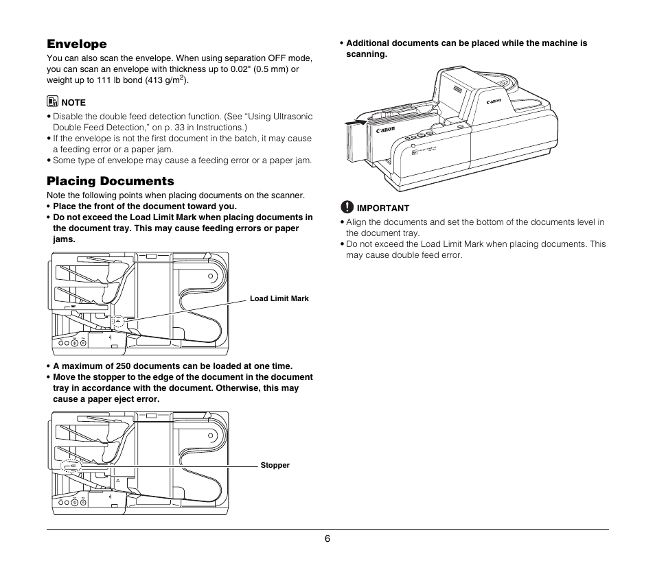 Envelope, Placing documents, Envelope placing documents | Canon IMAGEFORMULA CR-190I M111021 User Manual | Page 7 / 31